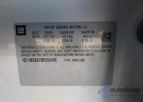 2013 Chevrolet Malibu 1Ls из США, поврежденный, VIN 1G11B5SA7DF292436